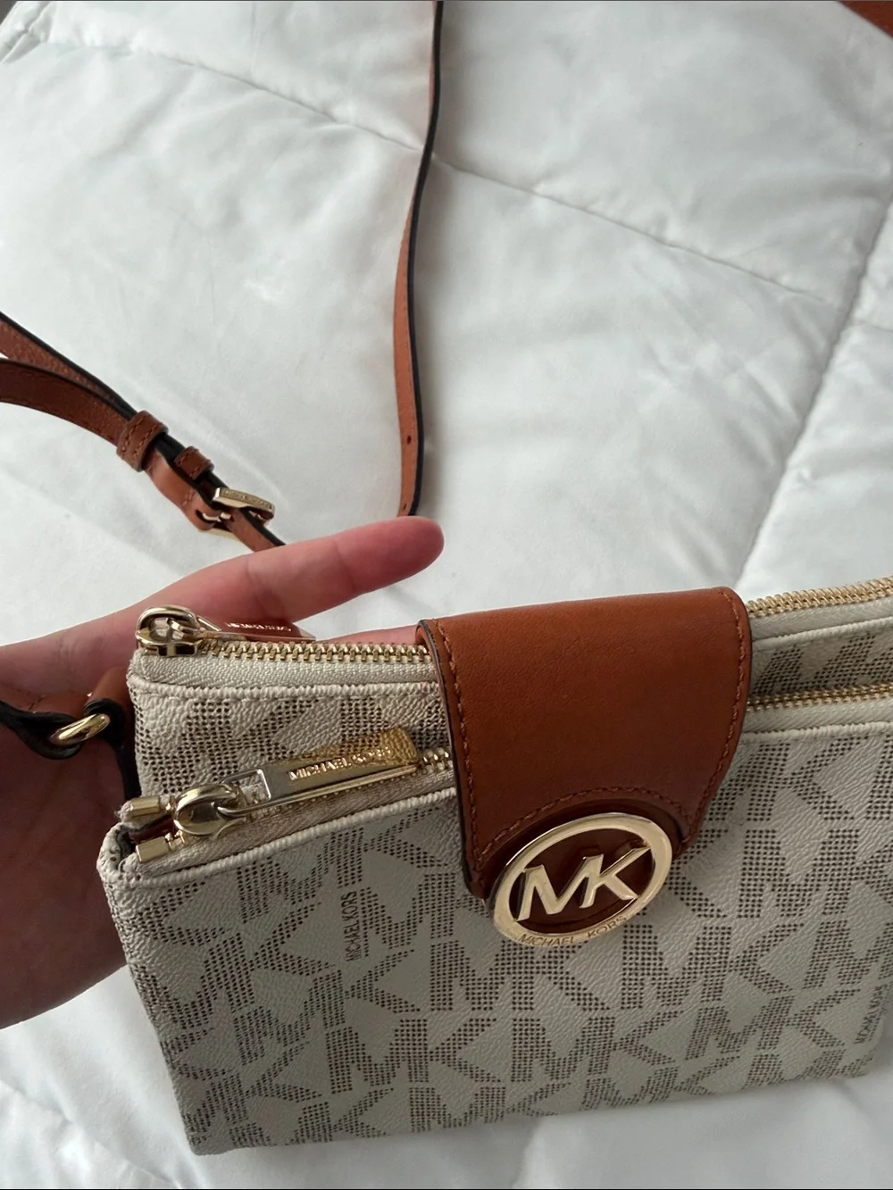 Michael Kors Beige Logo Canvas Crossbody with Tan Leather Trim